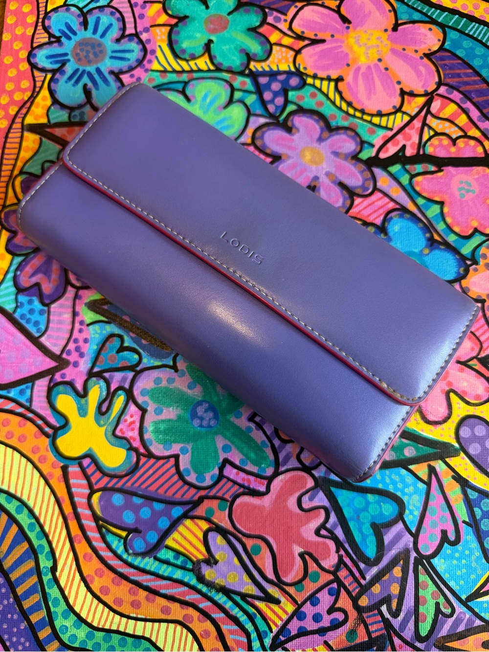 Lodis Colorblock Leather Clutch Wallet Blue & Fuchsia Long Bifold Wallet